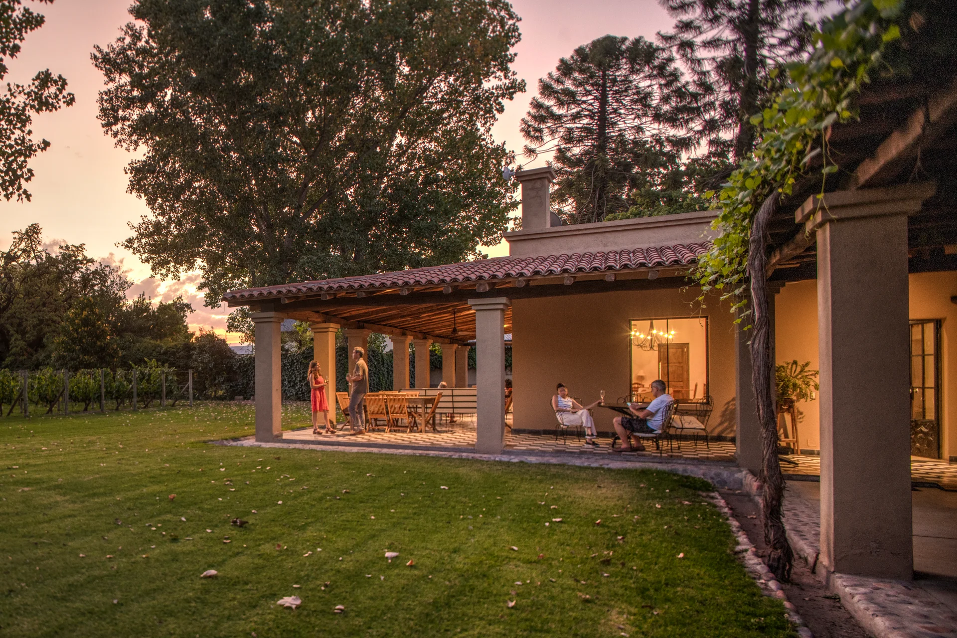 Outdoor terrace by vineyards at Verde Oliva boutique hotel in Mendoza wine country